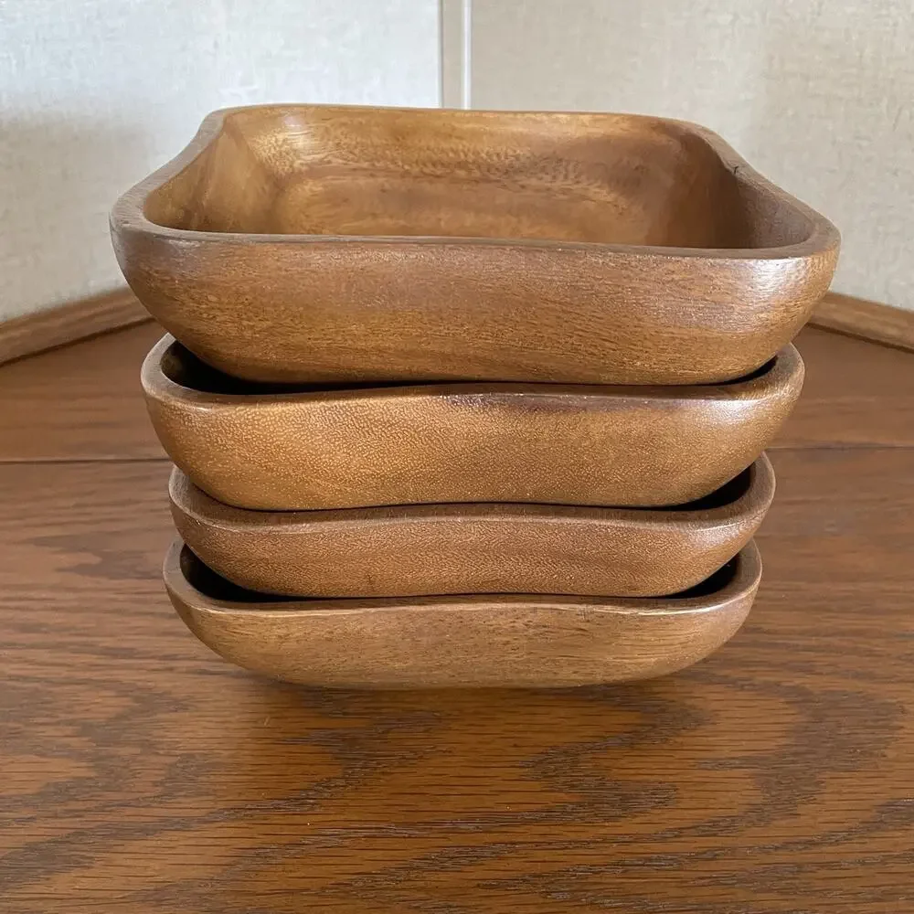 Wooden Bowls Square Rounded Corners marked Made in Philippines Set of 4